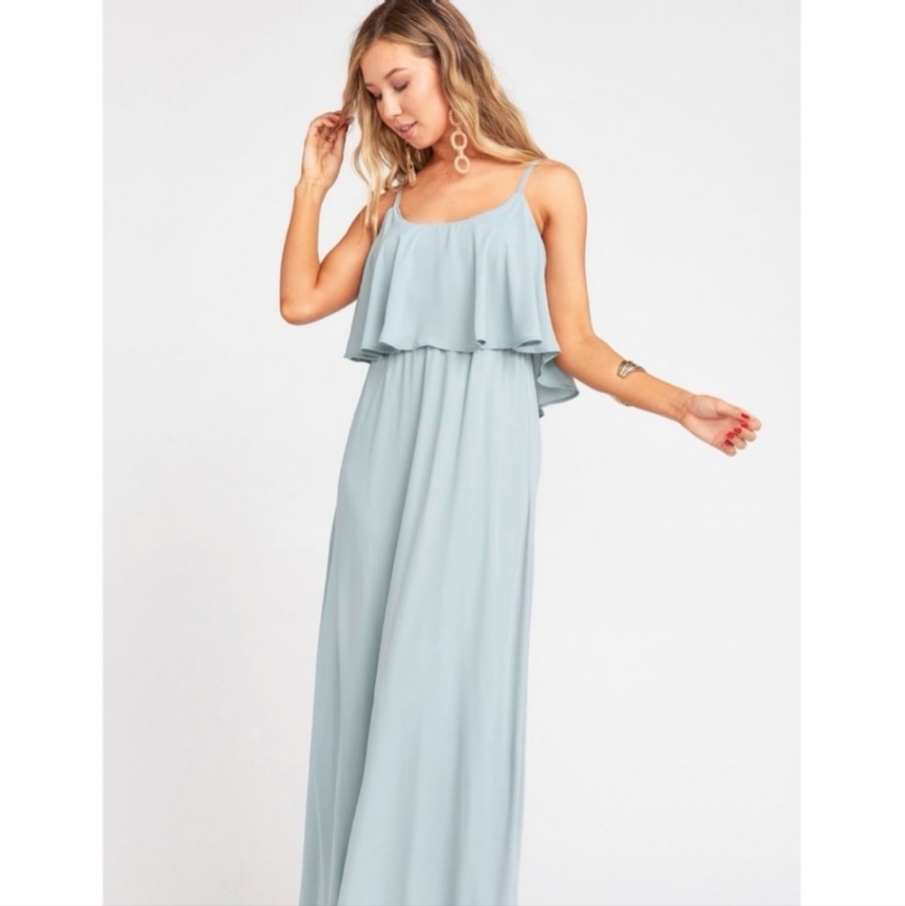 Show Me Your Mumu Caitlin Ruffle Maxi  Size Medium Silver Sage Crisp